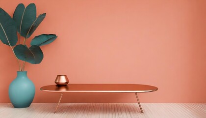 Wall Mural - interior background with copper coffee table over coral wall 3d render