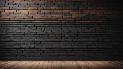   brick wall with wooden floor may used as background. brick wall, dark background for design. AI generated image, ai.