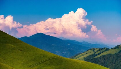 Wall Mural - abstract 3d retro computer graphics liminal space nature landscape with green hills and pink clouds ultrawide panorama banner background