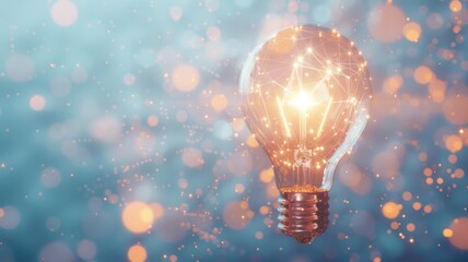 Wall Mural - Illuminated light bulb with digital network - A warm glowing light bulb lights up a digital network on a cool blue bokeh background, symbolizing connectivity