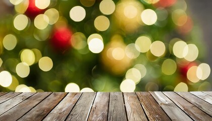 Sticker - festive blurred background with bokeh and empty wooden table in the foreground