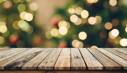 Wall Mural - empty wooden table top with out of focus lights bokeh rustic farmhouse living background