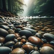 Smooth pebbles lining the edge of a crystal-clear stream, capturing the essence of tranquility in nature. --ar 16:9 --v 6.0