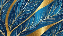Luxury Blue Leaf Background With Golden Metal