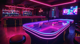 A 3D-rendered air hockey table aglow with striking neon lights