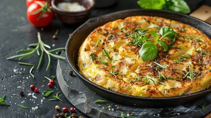 Spanish omelette with potatoes and onion, typical Spanish cuisine. Tortilla espanola.