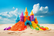 A toy sandcastle rises against the backdrop with colorful flats on the sandy shores of the beach