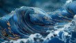 A large wave crashing into the ocean, with a blue and white color scheme. Scene is powerful and dynamic, as the wave appears to be in motion and has a strong presence in the scene