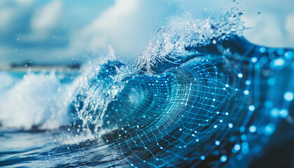 Futuristic digital wave energy flow in blue abstract background, A wave in the ocean with a blue and white background. The wave is made up of many small dots, giving it a digital appearance