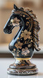 An exquisite close-up of a chess knight piece, crafted from black and gold glass