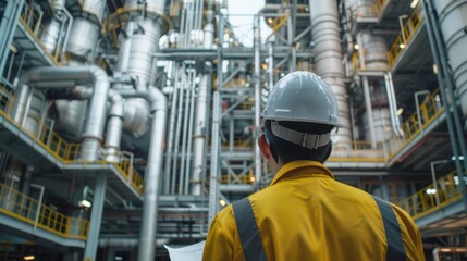 Wall Mural - close-up of industrial pipes of oil refinery, back of engineer, technician, reading drawing, drawing, industrial engineering, blueprint, industrial background.