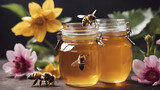 Fototapeta  - Bee and honeycomkb. Honey as sealthy food concept, diet, dieting. Delicious sweet honey  AI generated image, ai