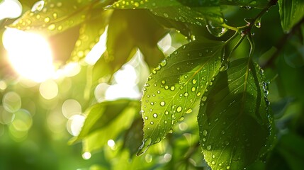 Green nature background with dew drop on green leaf, Natural green leaves plants using as spring background cover page for environment ecology or greenery wallpaper and sustainability concept