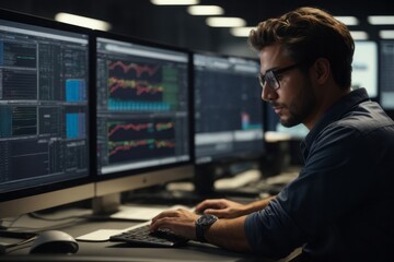 Engineer in front of desktop computer and software with industrial specialization engineering facilities background