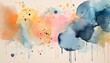 abstract art watercolor painting with modern minimal watercolor blobs or blotches splash design with paper texture and paint drips drops and spatter in blue pink orange and yellow on beige background