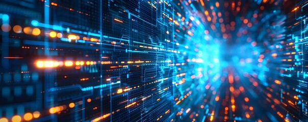 Digital futuristic technology abstract banner background illuminated by vibrant neon lights, forming a dynamic and interconnected network of systems