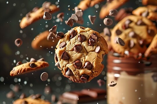 Delicious Chocolate Chip Cookies Floating with Flying Chocolate Pieces and Milk Bottle on Dark Background