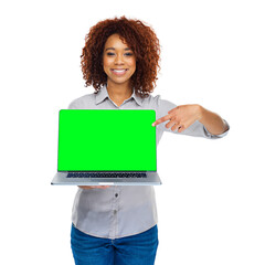 Poster - Laptop, green screen or woman face with hand pointing in studio for social media mockup on white background. Computer, space or female student show online, sign up or elearning, registration or app