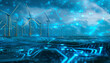 Futuristic digital windmill technology harnessing sustainable energy in blue ocean landscape background, wind turbines technological power alternative. green power, innovation resource 
