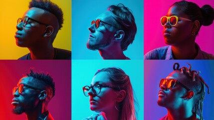 Collage of 7 cropped portraits featuring diverse group against neon-lit background.