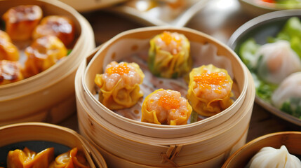 Wall Mural - siu mai dim sum in bamboo steamer