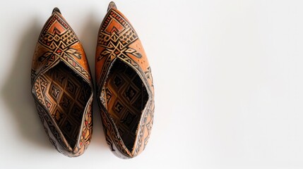 pair of traditional moroccan babouche slippers, with intricately patterned leather and pointed toes,