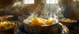 Fototapeta Na sufit - Mexican Tamales Steaming in Rustic Pot: Creative Food Photography with Dreamy Atmospheric Effect