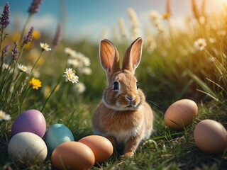 Wall Mural - A cute rabbit sits in the green meadow beside colorful eggs with flowers. Easter bunny with eggs 