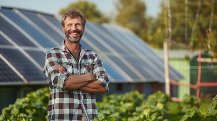 smiling modern german farmer with solar energy, green innovation, no hat, copy and text space, 16:9