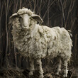 The neglected sheep has a lot of hair and grass is attached here and there. Generative AI