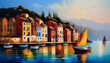 A painting of boats on a calm sea and buldings with vibrant colors