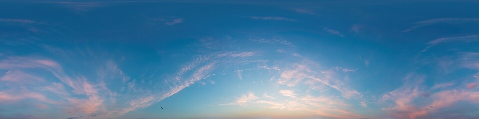 Wall Mural - sunset sky panorama, glowing pink cirrus clouds, seamless 360 hdr equirectangular, great for virtual