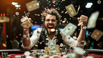 Wall Mural - Celebrating Jackpot, Joyful Man Triumphs at Poker Table