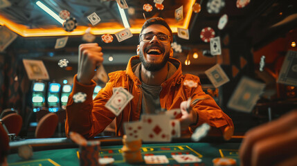 Wall Mural - Celebrating Jackpot, Joyful Man Triumphs at Poker Table