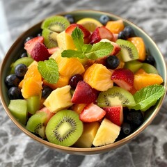 Wall Mural - Colorful and Refreshing Fruit Salad - A Nutritious Medley of Vibrant Tropical and Citrus Fruits Arranged in a Bowl