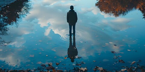 A Solitary Figure Contemplating Their Reflection in the Serene,Autumnal Waters of a Tranquil Pond