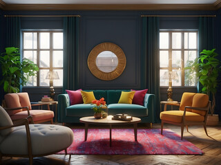 Wall Mural - Classic living room interior rendered in 3D with a furniture set.