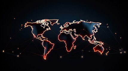 Polygonal world map. Modern world map made of neon lines and dots on dark black background.