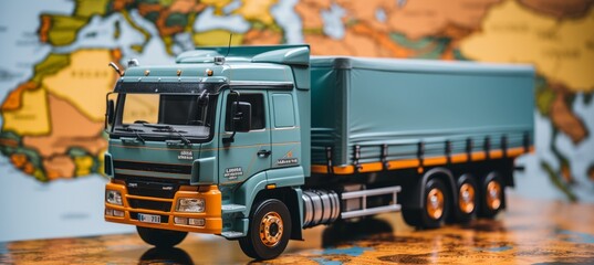 Truck model transporting goods across international borders, set against a world map, with a focus on the concept of cross border transportation and trade.