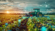 Farming tractor in field at sunrise with futuristic digital agriculture icons symbolizing advance technology with smart farming analytics blending tradition with tech for sustainable agriculture