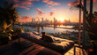 A tabby cat enjoys a sunset over the city, basking in the last warming rays. Generative AI.