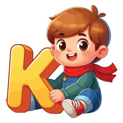 cartoon cute happy Little boy holding alphabet letter K