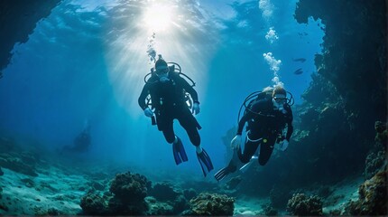 The mystery of the ocean depths with a shot taken from behind two divers as they explore a sunken ship resting on the seabed, the eerie light filtering through the water highlighting the details.