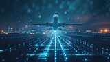 Fototapeta  - Takeoff of an airplane on an airport runway, air transport navigation Innovative airplane travel concept future technology Cargo travel on night flights