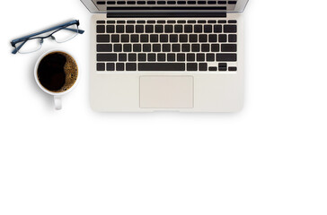 Office desk table with laptop computer on white office table