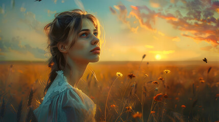 Canvas Print - Young woman looking up at the sky at sunset