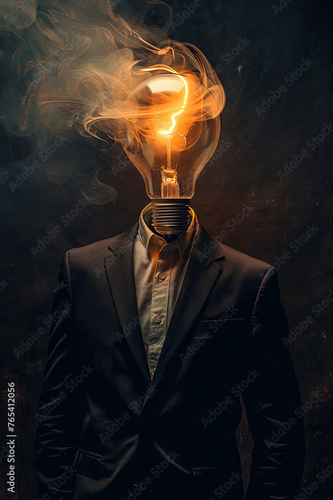 Man in a black suit with a burning light bulb instead of a head on a ...