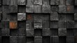 Close up of a brown wooden wall built with black rectangular cubes