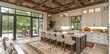 Spacious kitchen with island, abundant windows, and wood fixtures