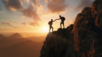 Wall Mural - silhouette of togetherness of two person to make it to the top of mountain 